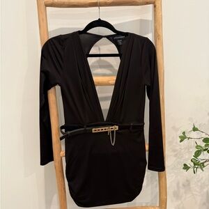 Stylestalker Black Deep V-Neck Dress with Belt